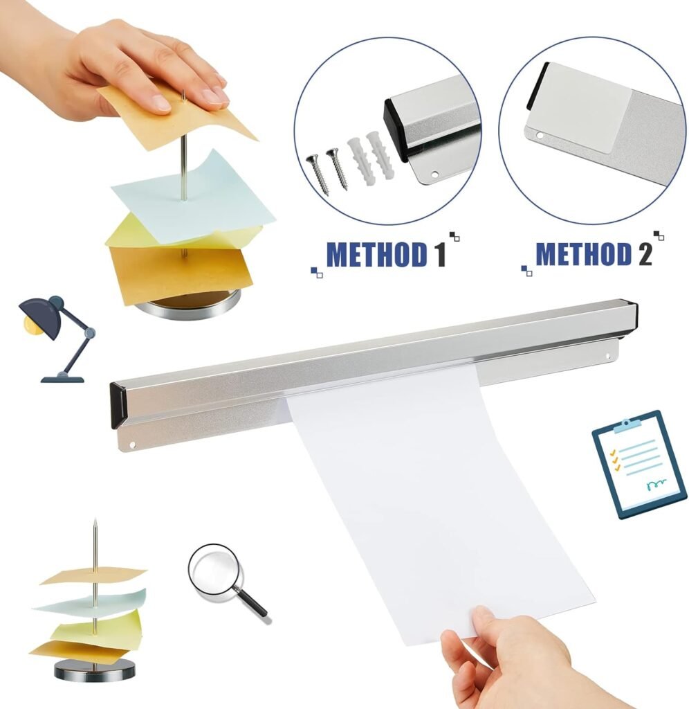 Aluminum Slide Check Rack with 2 Pcs Receipt Holder Spike Desk Receipt Holder Restaurant Ticket Holder Silver Ticket Rail Bill Orders Display Rail for Kitchen Office Cafes Bar Note Organizer(16 Inch)