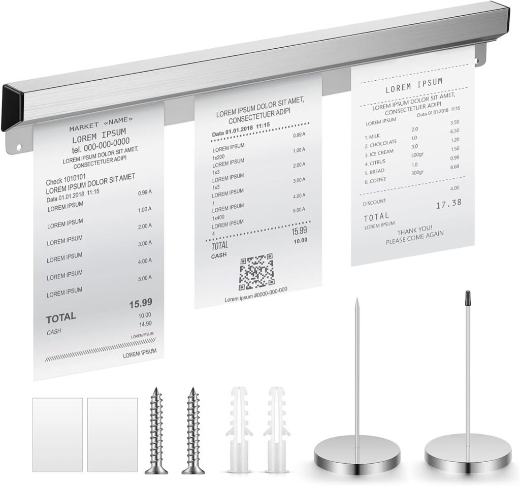 Aluminum Slide Check Rack with 2 Pcs Receipt Holder Spike Desk Receipt Holder Restaurant Ticket Holder Silver Ticket Rail Bill Orders Display Rail for Kitchen Office Cafes Bar Note Organizer(16 Inch)