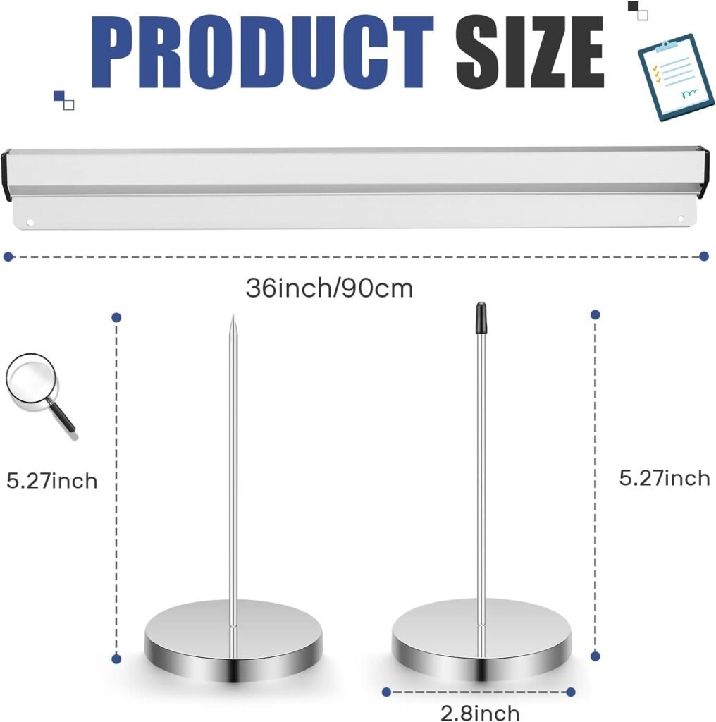 Aluminum Slide Check Rack with 2 Pcs Receipt Holder Spike Desk Receipt Holder Restaurant Ticket Holder Silver Ticket Rail Bill Orders Display Rail for Kitchen Office Cafes Bar Note Organizer(16 Inch)