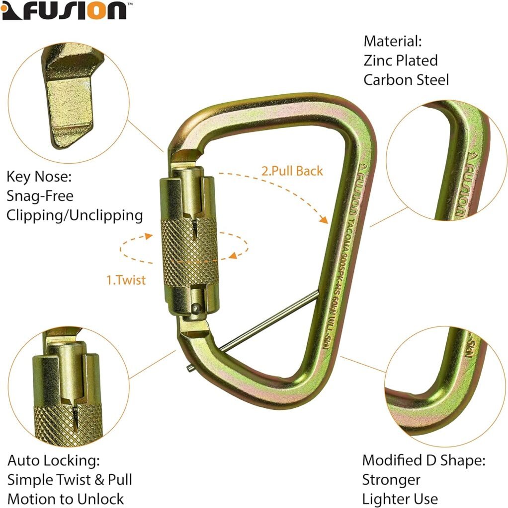 Auto Locking Carabiner 60KN (5-Pack)- Fusion Climb® Tacoma- Professional Rock Climbing Carabiner- Heavy Duty Steel- Auto Locking Carabiner for Climbing, Rappelling,Captive Pin- UIAA ANSI Compliant