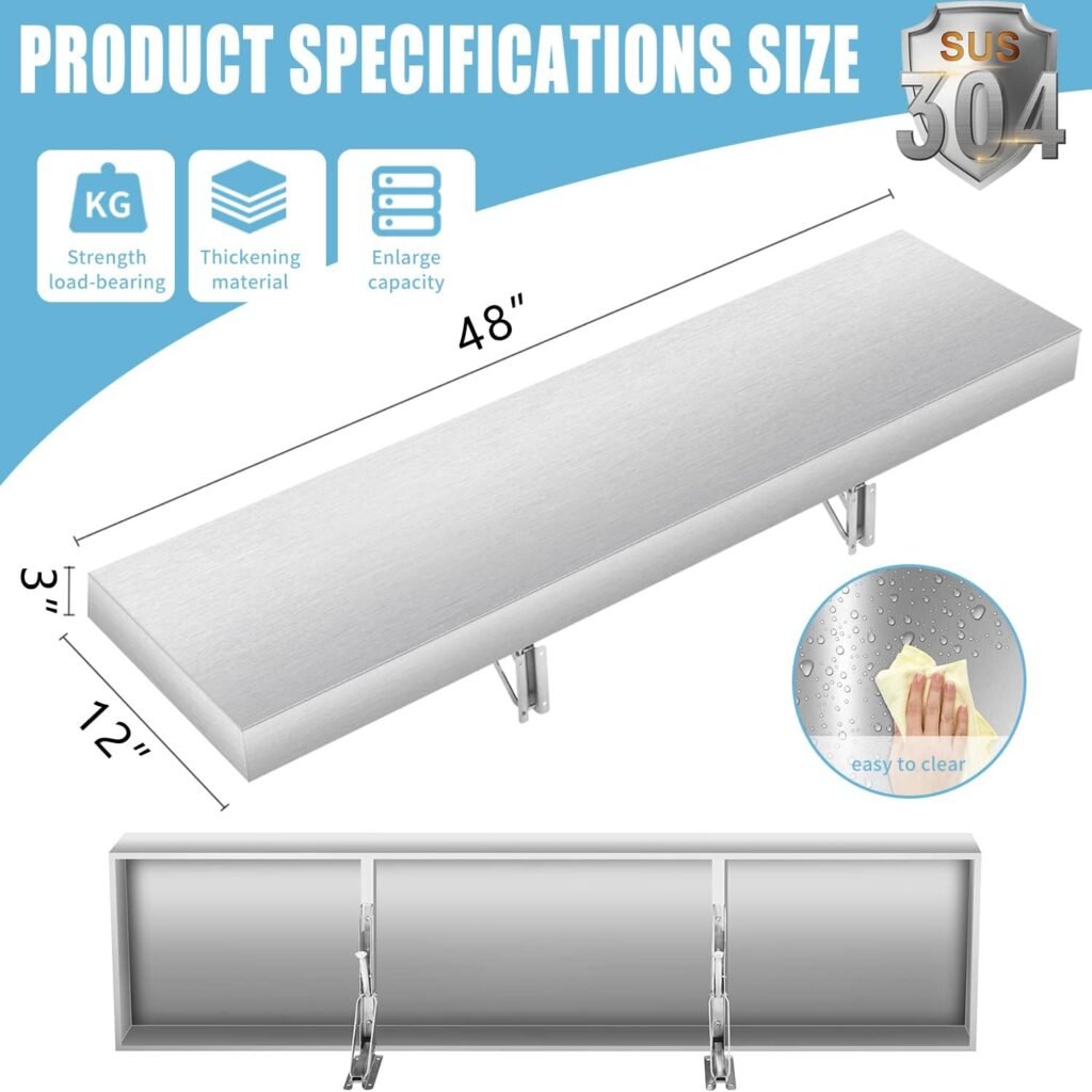 Concession Shelf- 48L x 12W Inch Stainless Steel Foldable Perfect for Food Truck, Trailer and Window Service
