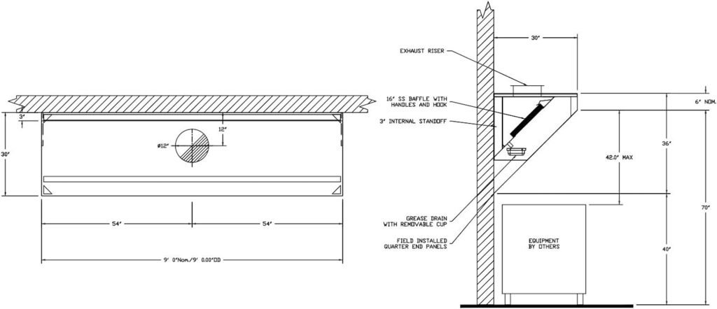 Food Truck, Concession Trailer Mobile Kitchen Low Profile Exhaust Hood. Includes stainless steel hood filters, grease cup, installation hardware, and a factory installed exhaust riser. (10 Long Hood)