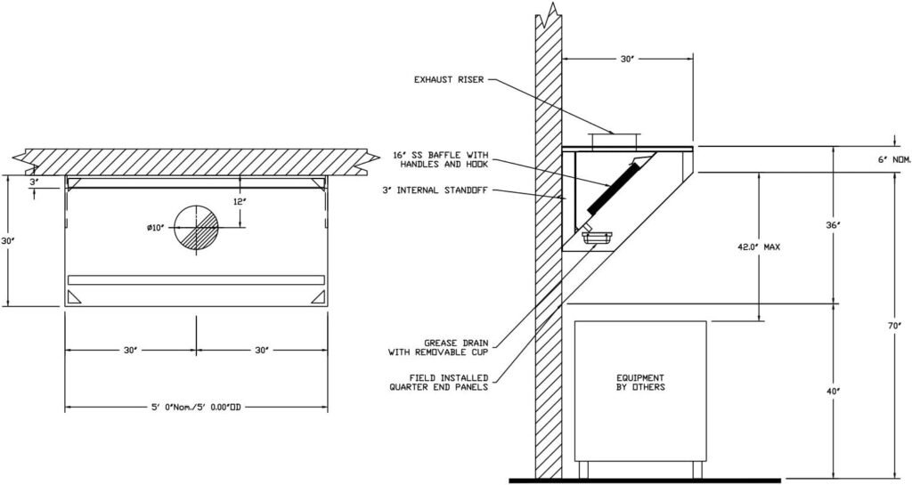 Food Truck, Concession Trailer Mobile Kitchen Low Profile Exhaust Hood. Includes stainless steel hood filters, grease cup, installation hardware, and a factory installed exhaust riser. (10 Long Hood)