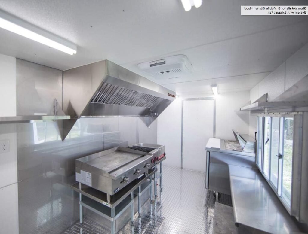 Food Truck, Concession Trailer Mobile Kitchen Low Profile Exhaust Hood. Includes stainless steel hood filters, grease cup, installation hardware, and a factory installed exhaust riser. (10 Long Hood)