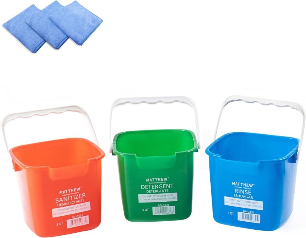 Matthew RedGreenBlue Detergent and Sanitizing Cleaning Bucket 3 Quart Cleaning Pail,Set of 3 Square Containers,Built-In Spout w/Handle,Wash Rinse Sanitize Handwash Bucket,Incl.3Pcs Microfiber Cloths