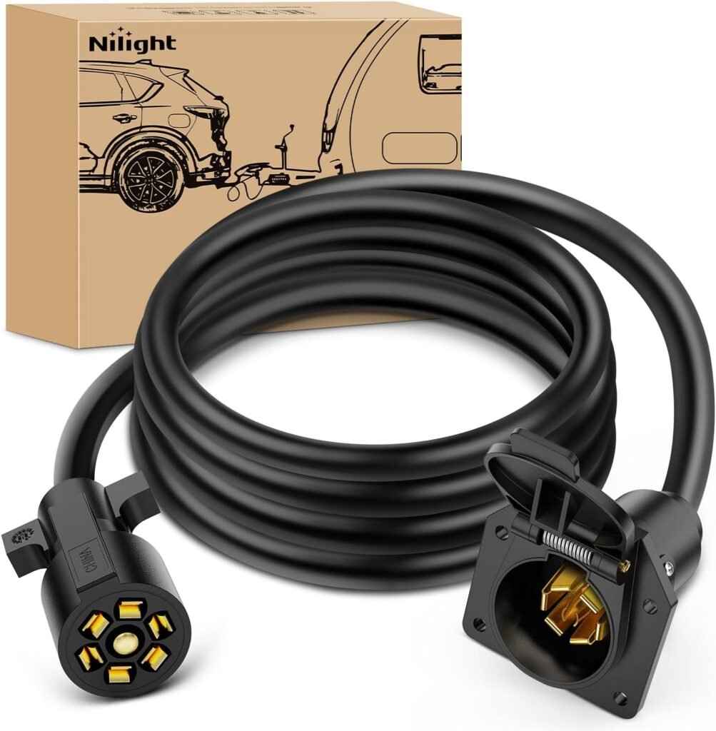 Nilight 7 Way Trailer Plug Extension Cord 8 Feet Heavy Duty 7 Pin Wiring Harness Cable 10-14 AWG Double-Prong Copper Terminals Wires for 7-Blade RV Trailer Tow Wiring Connector-8FT, 2 Years Warranty