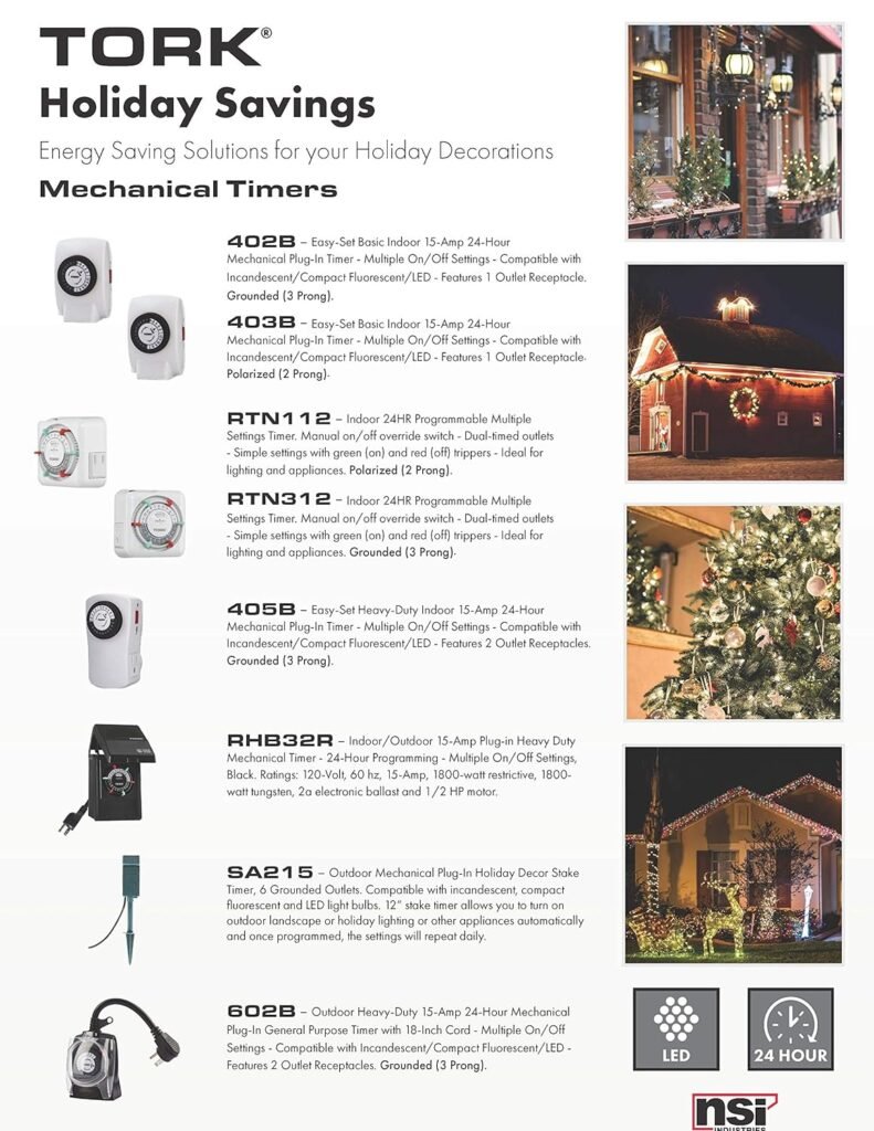 NSi Industries TORK 405B Easy-Set Heavy-Duty Indoor 15-Amp 24-Hour Mechanical Plug-In Appliance Timer - - Compatible with Incandescent/Compact Fluorescent/LED - Features 2 Outlet Receptacles