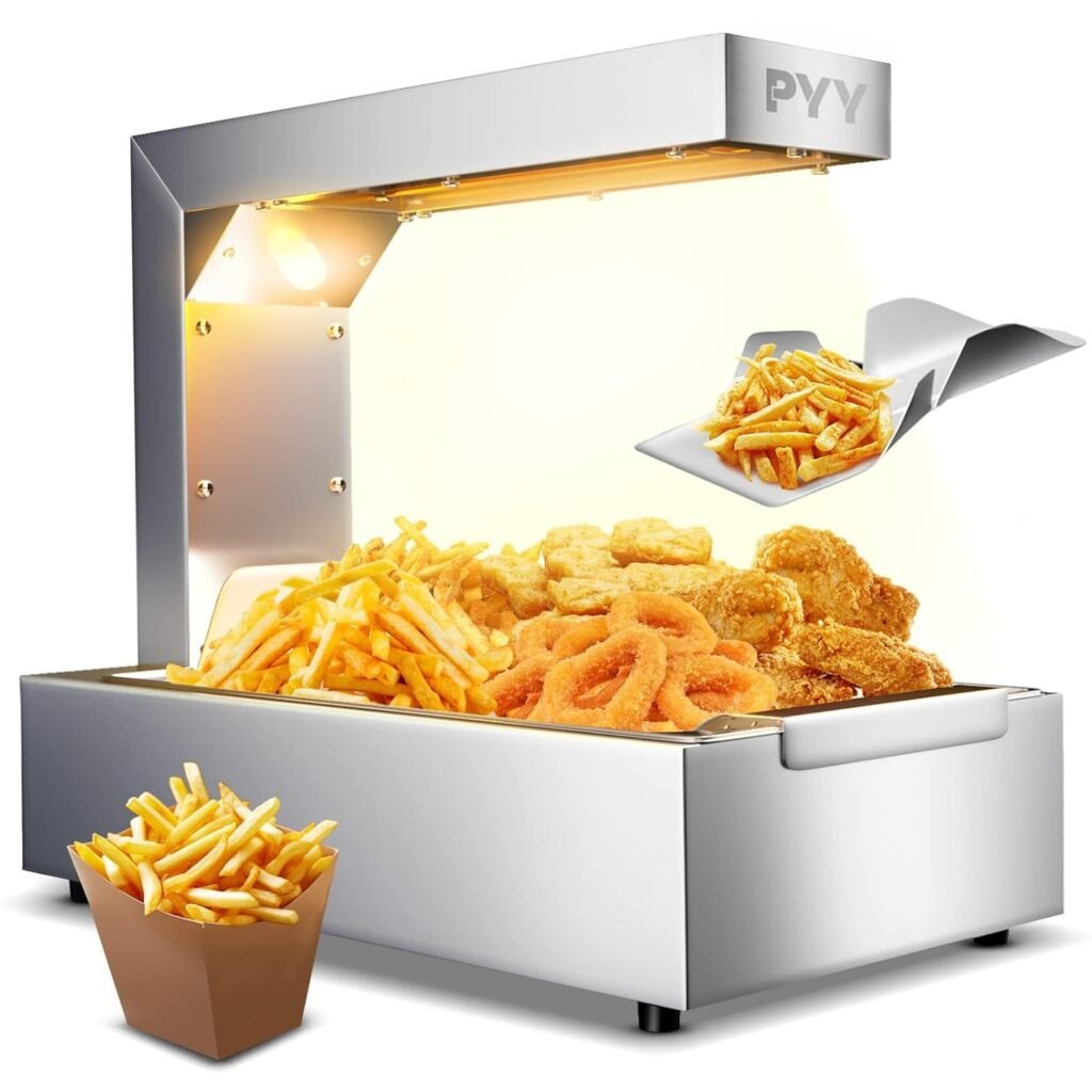 PYY French Fry Warmer Commercial Food Heat Lamp/Food Warmer Light,Free-Standing Warming Dump Station Countertop Fries Food Warmer for Chips Churros Buffet Kitchen Restaurants 600W (Silver)