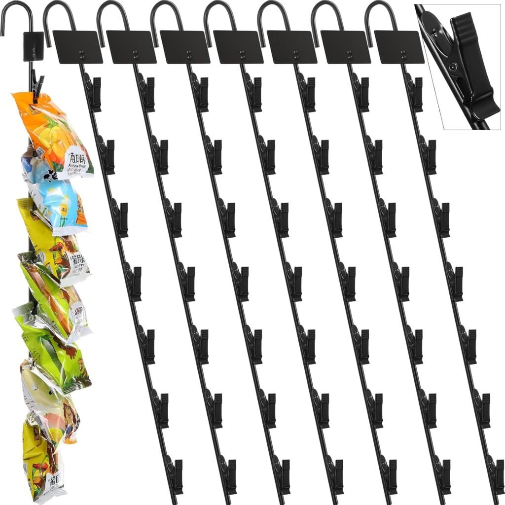 Retail Display 4 Pcs Metal Display Stand for Vendors Chip Holder for Concession and Pantry Potato Chip Bag Rack with Label Header and 7 Clips Hanging Merchandise Strips with Hooks (Black)