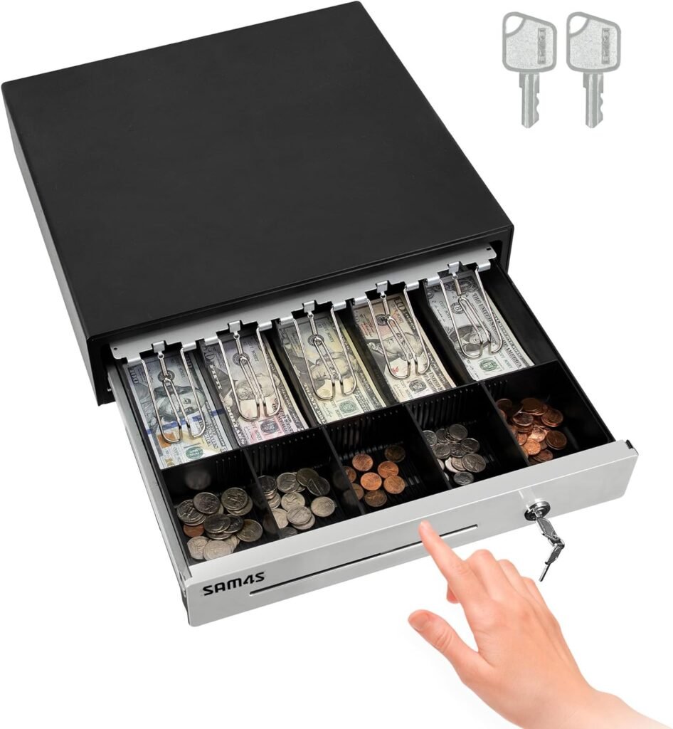 SAM4s 16 Heavy Duty Black Manual Push Open Cash Drawer with 5Bills and 5Coin Slots, Stainless Steel Front Touch Panel, Key Lock