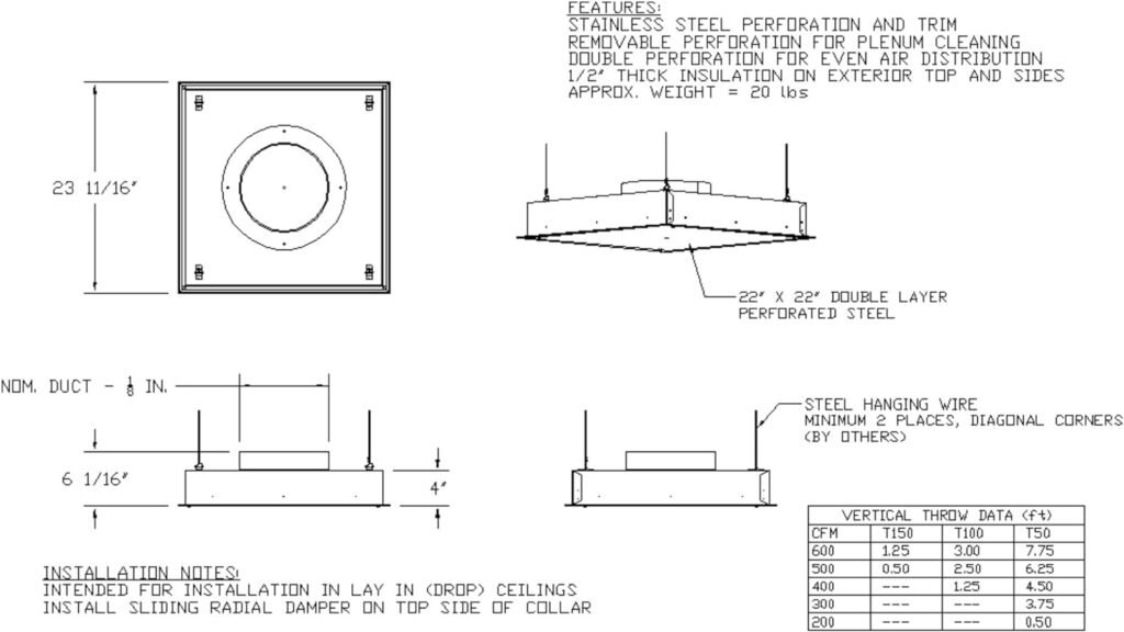 Stainless Steel Perforated Ceiling Diffuser (8 Round Supply Collar)