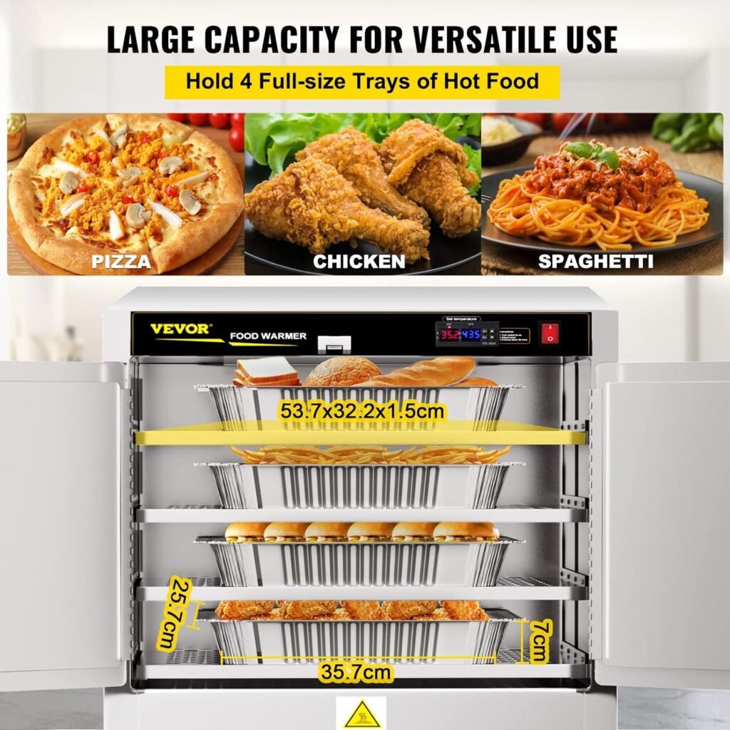 VEVOR Hot Box Food Warmer, 25x15x24 Concession Warmer with Water Tray, Four Disposable Catering Pans, Countertop Pizza, Patty, Pastry, Empanada, Concession Hot Food Holding Case, 110V UL Listed