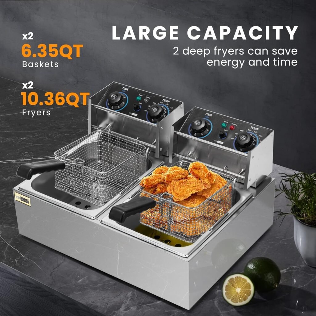 VIVOHOME 110V 20.7 Qt Commercial Electric Deep Fryer with 2 x 6.35 QT Removable Baskets, Overheat Protection