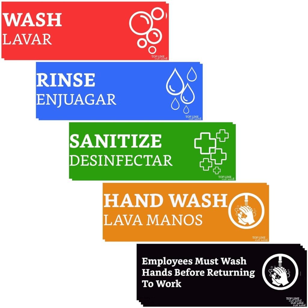 Wash Rinse Sanitize Sink Labels Signs with Wash Hands Sign (12 Labels - 2 FULL SETS 7.3 x 2.5 in) - Ideal for Restaurant Sinks, 3 Compartment Sink, Food Trucks, Commercial Kitchens  More